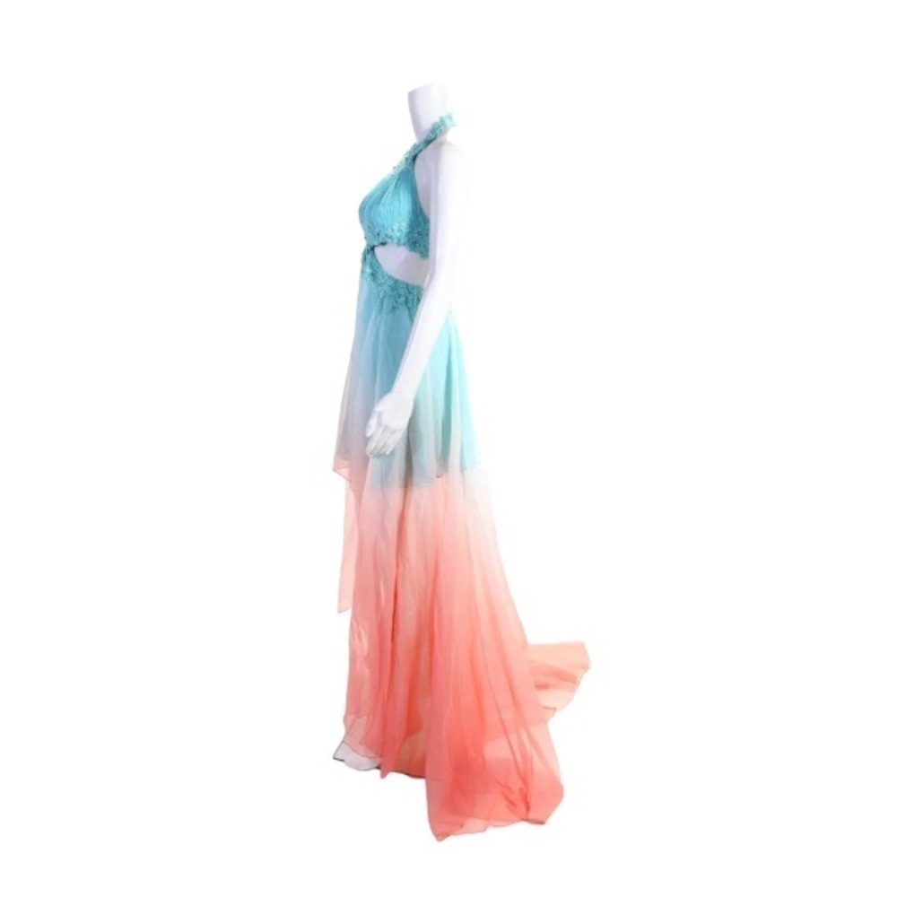 NWT Sherri Hill Dress Size 0 Pastel Blue Coral Orange Ombre Hi Low Cutout Gown - Picture 2 of 10